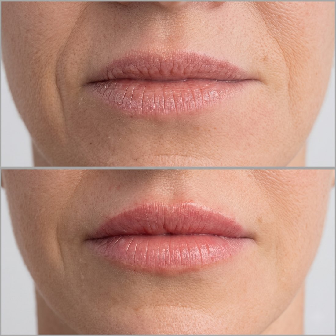 Antes y después de relleno de labios con ácido hialurónico, corrección de asimetría
